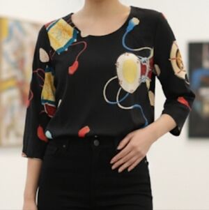 Anne Namba Asian 3/4 Sleeve Blouse Drums Lanterns 100% Silk